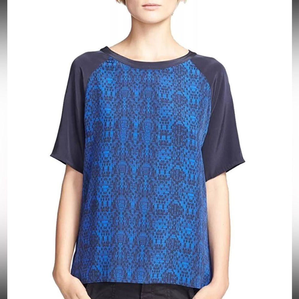 Vince Cobalt Blue Contrast Silk Short Sleeve Tee Top Size Small